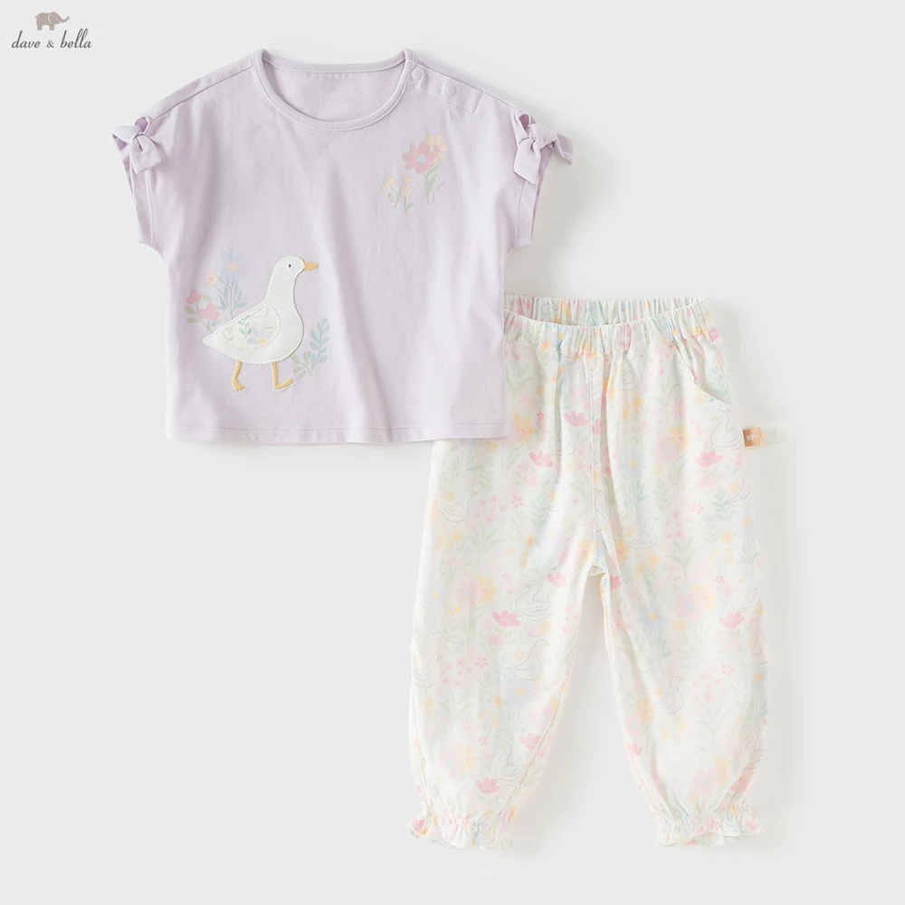 Dave Bella Girls Summer 2PCS Set Short Sleeve T-shirt Flower Pants Suits Childern Printed Tops Trouser Clothing Sets DB2262095