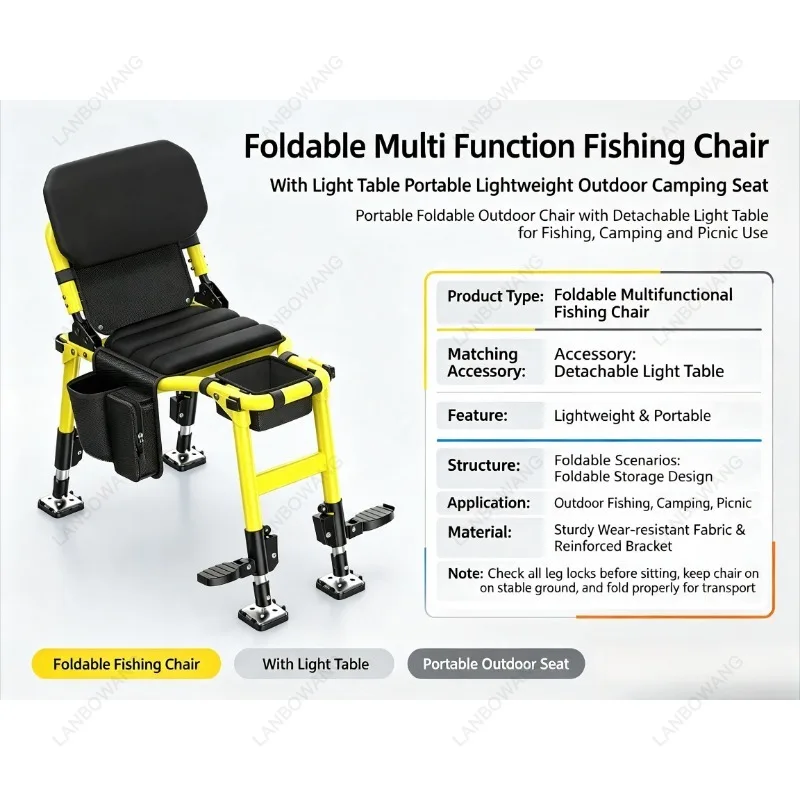 Foldable Fishing Chair Multi-function Light Table Fishing Seat Portable Outdoor Camping Chair