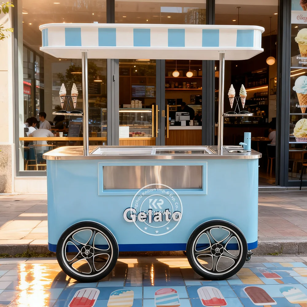 Portable Custom Mobile Ice Cream Cart Hand Push Cart Outdoor Cooling Ice Cream Vending Cart with Refrigerator