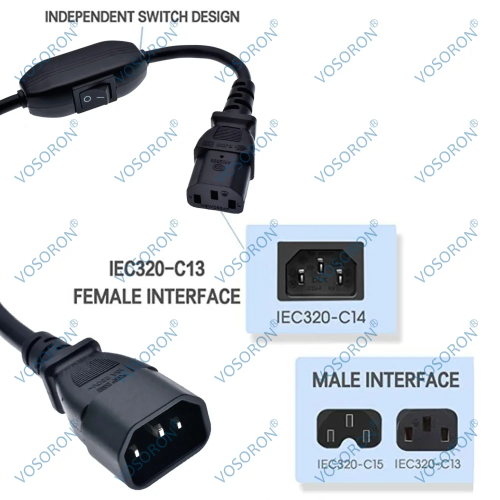 C14-C13 Extension Power Cord, IEC 320 C13 Female to C14 Male with 10A On/Off Switch Power Adapter Cable