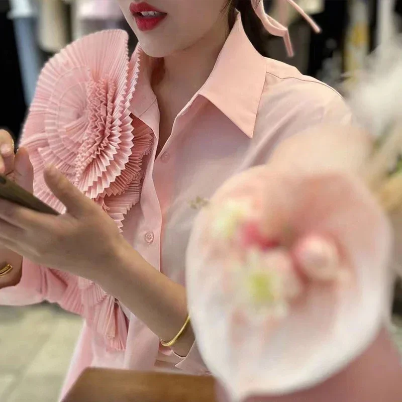 Neploe Chic Pleated Flower Shirt Femme 2024 Early Spring Korean Simple Versatile Sweet Casual Mid Length Lapel Collar Blouses