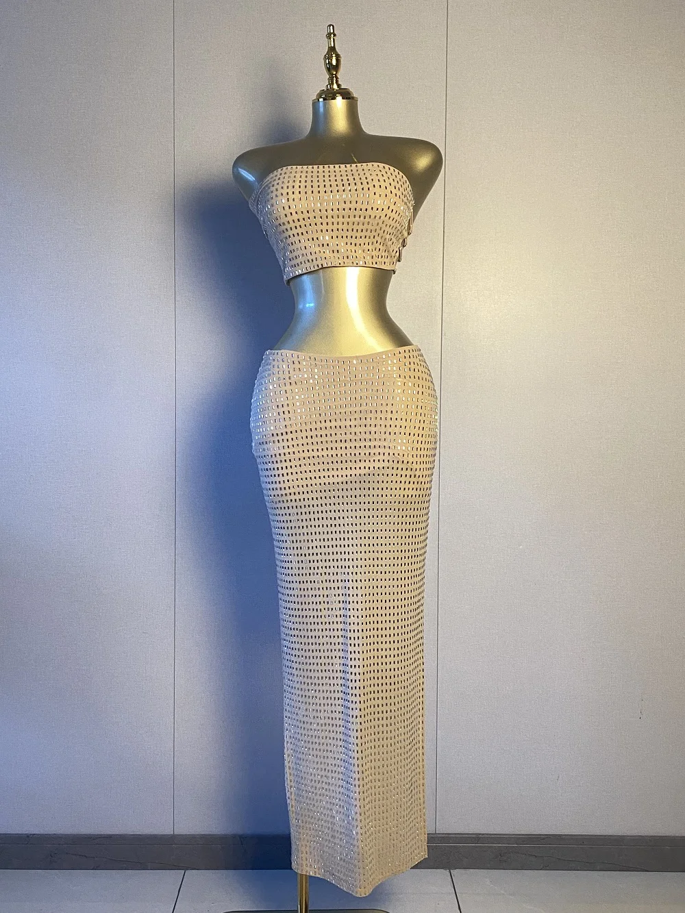

2025 New Women Sexy Strapless Beading High Split Apricot Maxi Long Two Pieces Skirt Set Elegant Evening Club Party Outfits