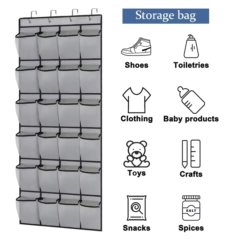 24 Mesh Pockets Shoes Storage Bag Wall-mounted Behind Door Closet Sports Shoe Hanging Organizer High Heels Slippers Shoe Rack