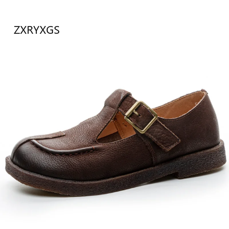 ZXRYXGS Classic Retro Premium Cowhide 100% Genuine Leather Shoes Roman Flats 2025 New Spring Women Shoes Temperament Trend Shoes