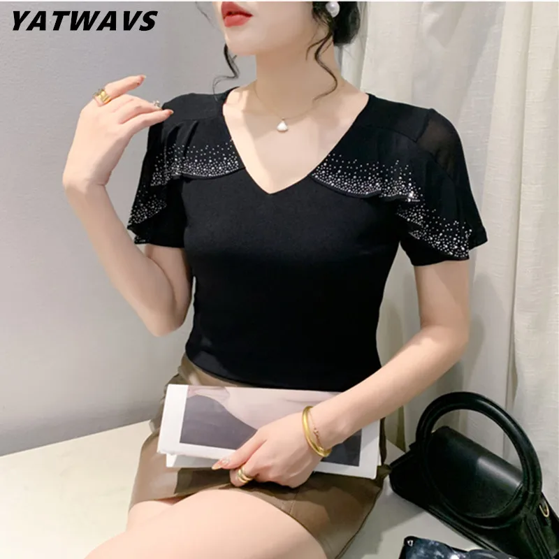 

New Summer Streetwear Girl Chic Ruffled Hot Diamonds T-Shirt Fashion V-Neck Short sleeve Mesh Tops Women's Tees Clothes Blouse