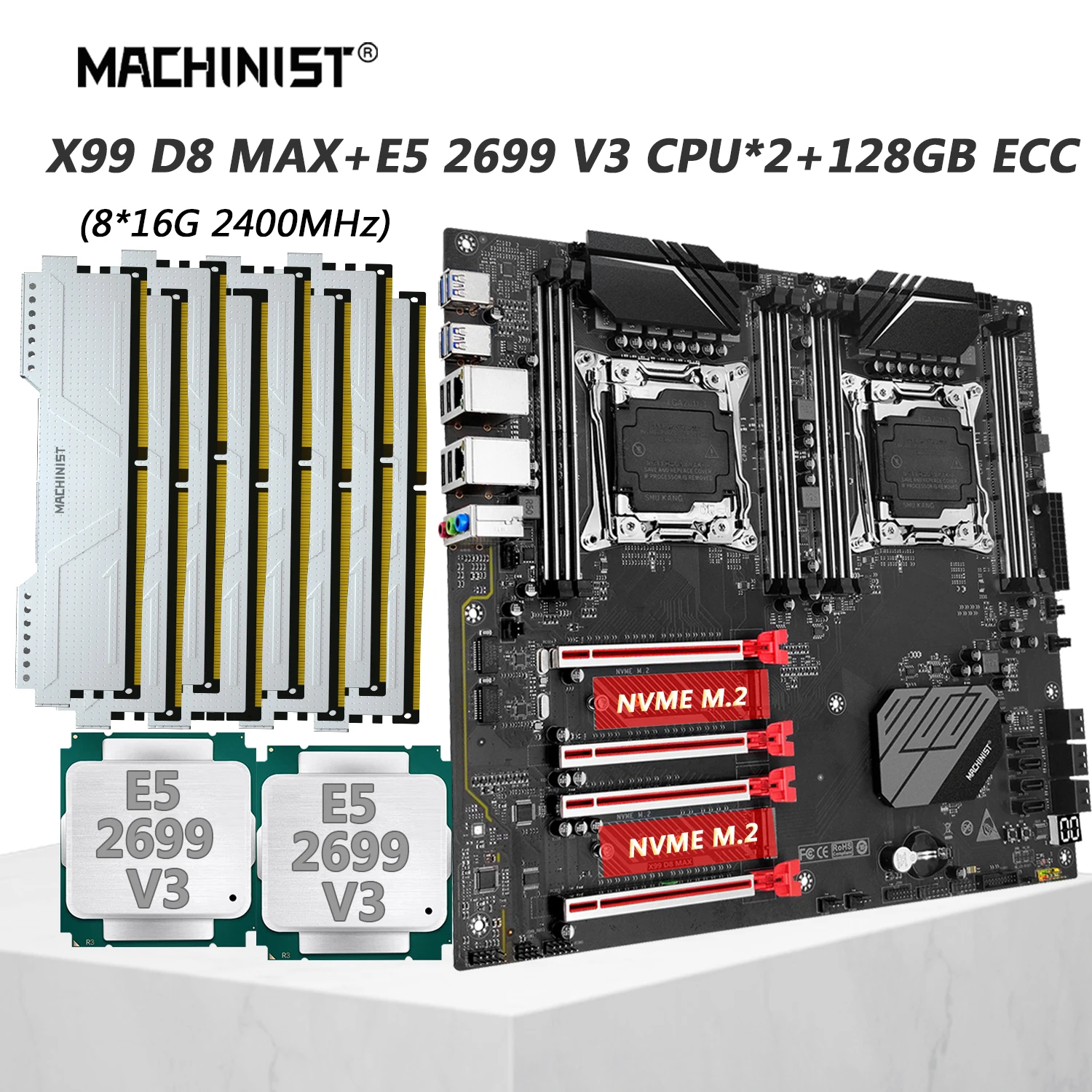 

MACHINIST X99 Dual CPU Motherboard Combo LGA2011-3 Xeon Kit E5 2699 V3 CPU*2pcs DDR4 RAM 128GB Memory USB3.0 NVME M.2 X99 D8 MAX