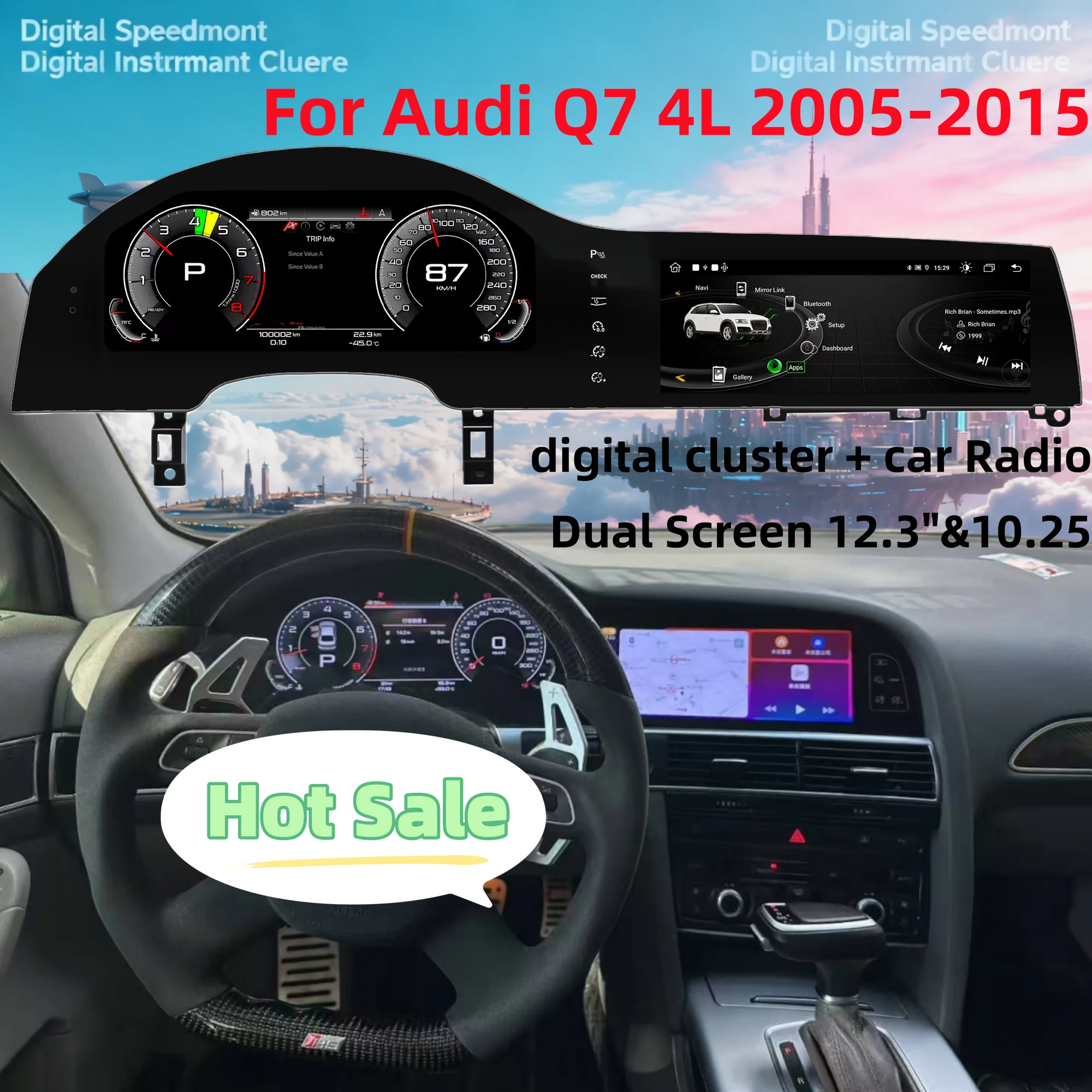 Android 14 For Audi Q7 4L 2005-2015 Car Dashboard Digital Instrument Speedometer Dual Screen Car Radio Multimedia Player CarPlay
