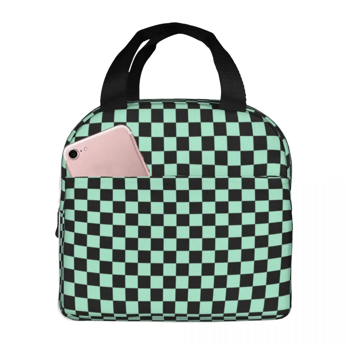 Black And Magic Mint Green Checkerboard Plaid Portable Lunch Boxes Women Multifunction Cooler Thermal Food Insulated Lunch Bag