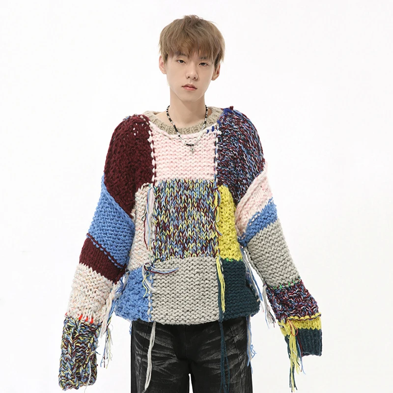 IEFB Fashion Men\'s Sweaters Round Collar Tassel Patchwork Knitting Top Contrast Color Male Pullover Clothing Korean Style 9C7873