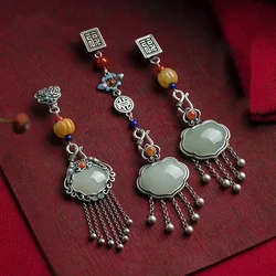 Original 925 Silver Button Pendant Retro Tassel Long Chinese Style Chi-pao Natural Hetian Green Jade Hanfu Accessories Jewelry