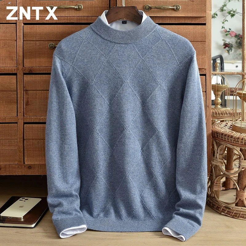 Autumn and winter new half turtleneck pure cashmere sweater for men pullover solid color diamond jacquard casual sweater for men