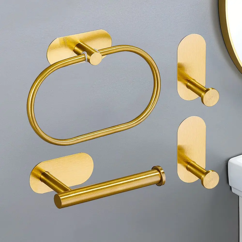 Stainless Steel Bathroom Accessories Set Punch Free Wall Mounted Towel Rack Holder Modern Organization Storage Organizer