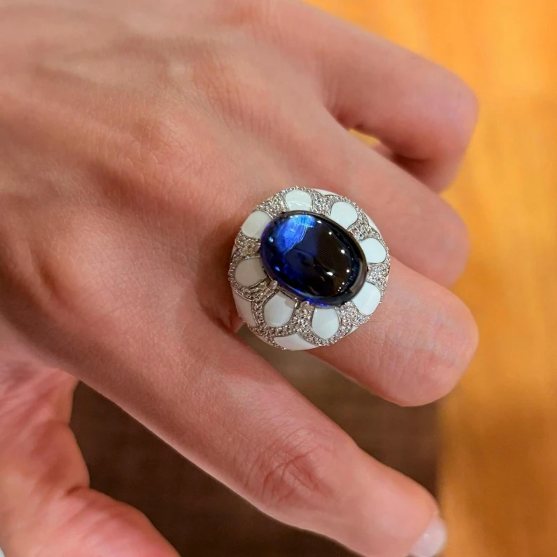 Bellux light luxury vintage oval shaped smooth lab grown sapphire ring natural white shell 925 silver jewelry high-end gift