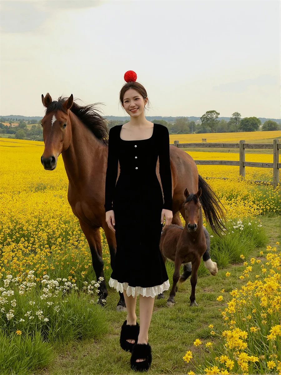 Vestidos femininos estilo coreano preto drapeado em camadas babados até o tornozelo aline linha a all-match alternativo para todas as estações