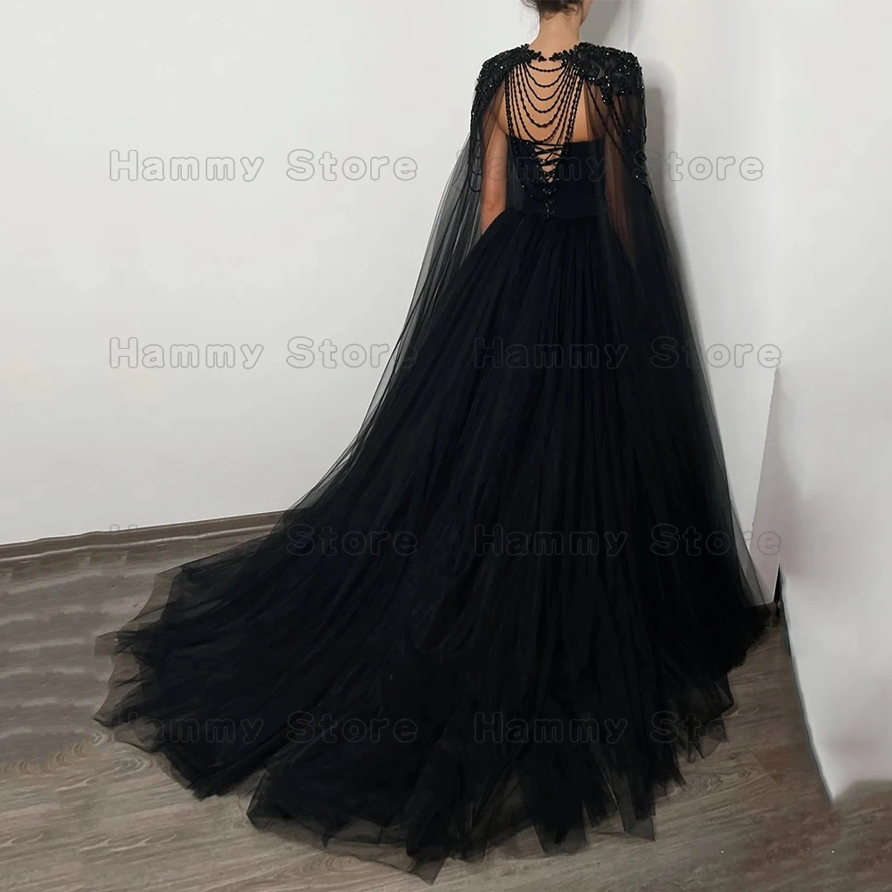 High Quality Gothic Wedding Dress with Beading Detachable Cape Sweetheart Sleeveless Pearls Sweep Train Tulle Black Bridal Gown