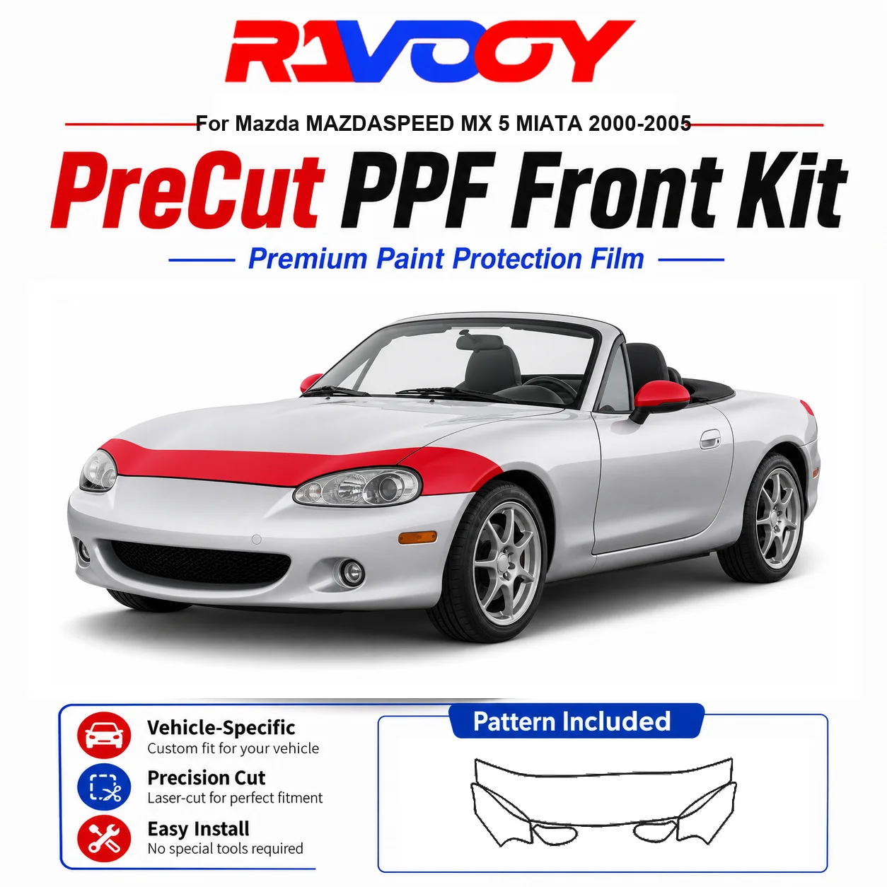 

8.5mil TPU Precut PPF Kit For Mazda MAZDASPEED MX 5 MIATA 2000-2005 - Hood, Fenders & Mirror Set - Self-Healing Clear Bra Film