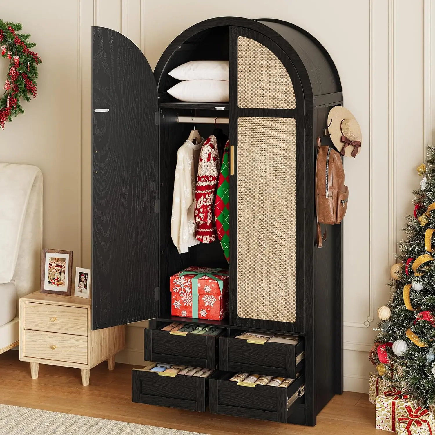 

Wardrobe Closet with 4 Drawers - Wood Bedroom Armoires and Wardrobes with Rattan Doors, Large Capacity Storage Black