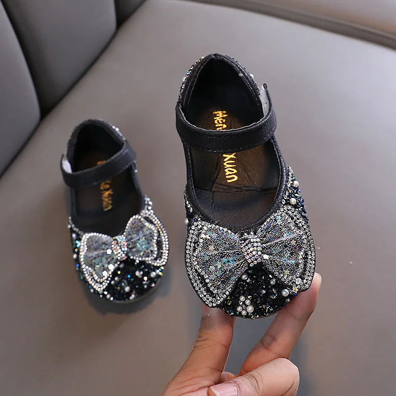 

New Princess Kids Leather Shoes For Girls Children's Fashion Glitter Sequins Shoes Little Girls Bowknot Low Heel Shoes