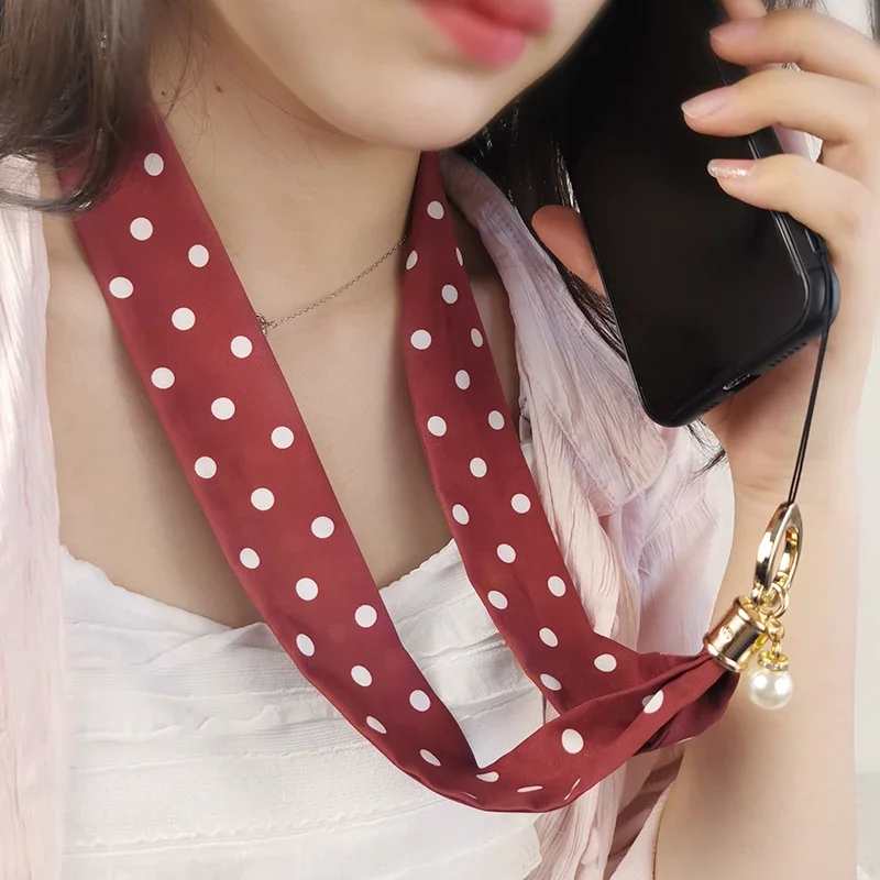 Mobile Phone Lanyard Long Neck Strap Summer Scarf Pendant Simple Wide Silk Without Neck Women's Pearl Pendant Phone Wrist Strap