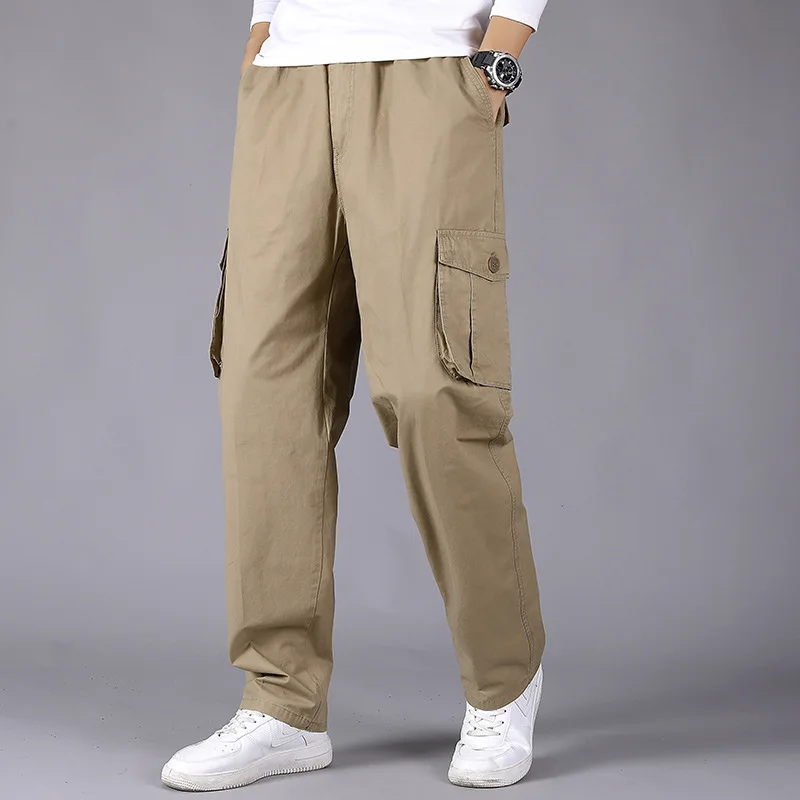 

2025 Spring/Summer New Style Work Pants - Mid-aged Pure Cotton Multi-Pocket Elastic Waist Casual Men's Large Size Pants