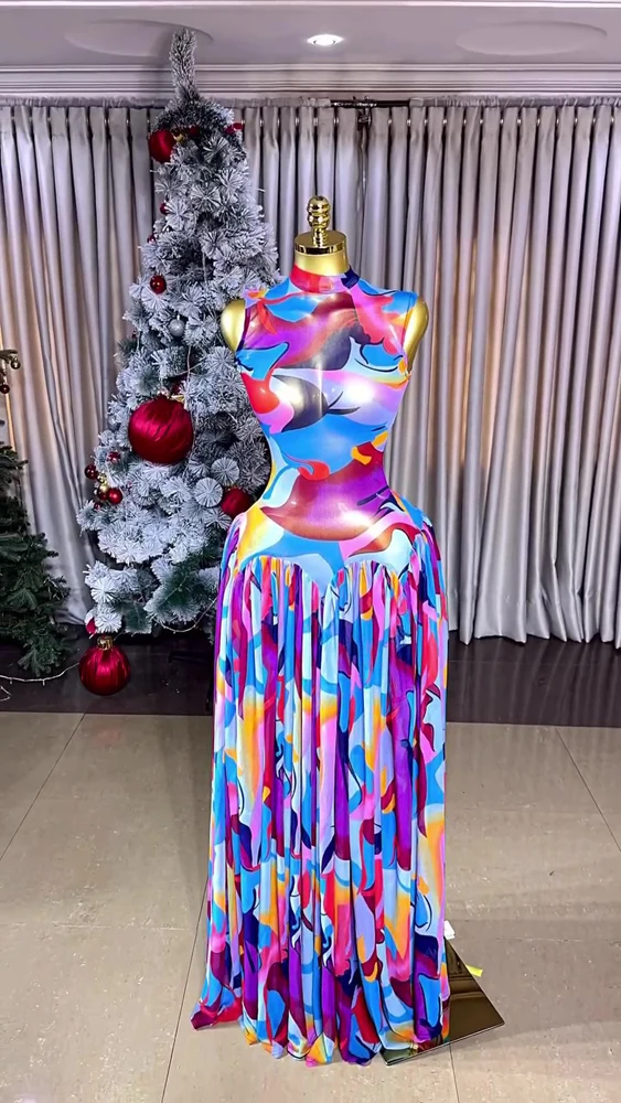 Damen 2026 Frühjahr Mode Batik-Druck Illusion Plissiertes Maxikleid Ärmellos Tailliert Elegante Partykleider – Detail 8