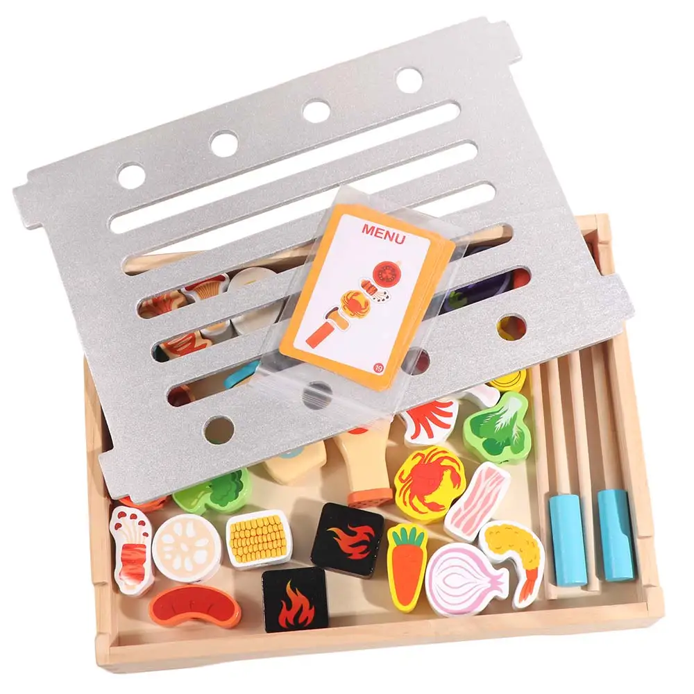 Wooden Pretend Play Kitchen Play House Simulation Food Simulated Barbecue Set Exquisite Cognitive Pretend Cooking Children