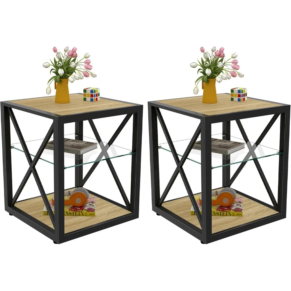 

Modern End Table Set of 2 for Living Room 17.7" Bedroom Nightstand, Tempered Glass Shelf & Rustic Wood MDF Top Square Side Table