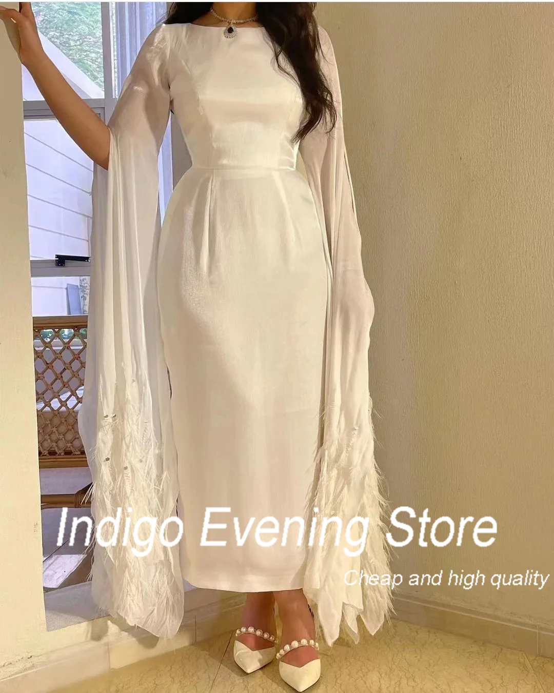 Indigo Evening Dresses O Neck Full Sleeves Ankle-Length Feathers Beads Formal Party Dress For Women 2024 Vestidos De Gala