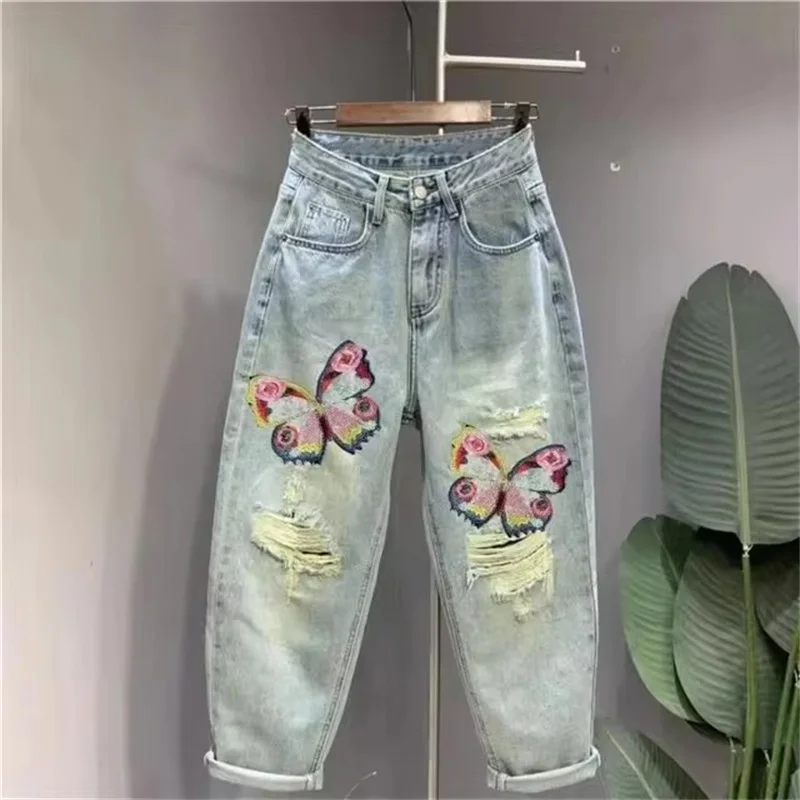 

Spring Summer New High-Waisted Fashion Denim pants Women Casual All-Match Bead Contrasting Colors Hole Harun Cowboy Pants Female