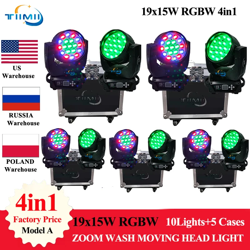 

5 Case 10Pcs LED 19x15W RGBW Beam Wash Zoom Moving Head Light DJ Stage Light Equipment Concert Productions Professionals Wedding