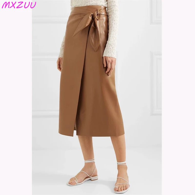 

Black/Light Coffee Leather Skirts For Women Genuine Sheepskin Patchwork Lace Bow Wrap Hip Lange Rok Met Split High Waist Saias