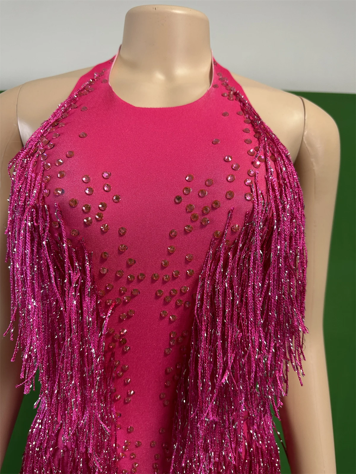 

Rose Red Women Rhinestones Fringes Leotards Eye-catching Sparkle Bodysuits