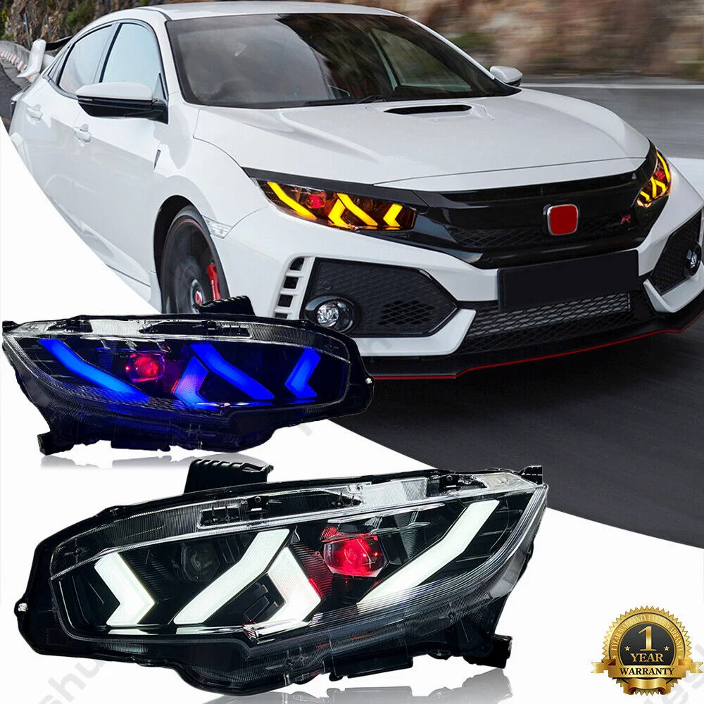 RGB LED Head Lamp Assembly Par, olho de demônio vermelho, faróis para Honda Civic 10th Gen Sedan Sport Touring Si Tipo R 2016-2017-2021