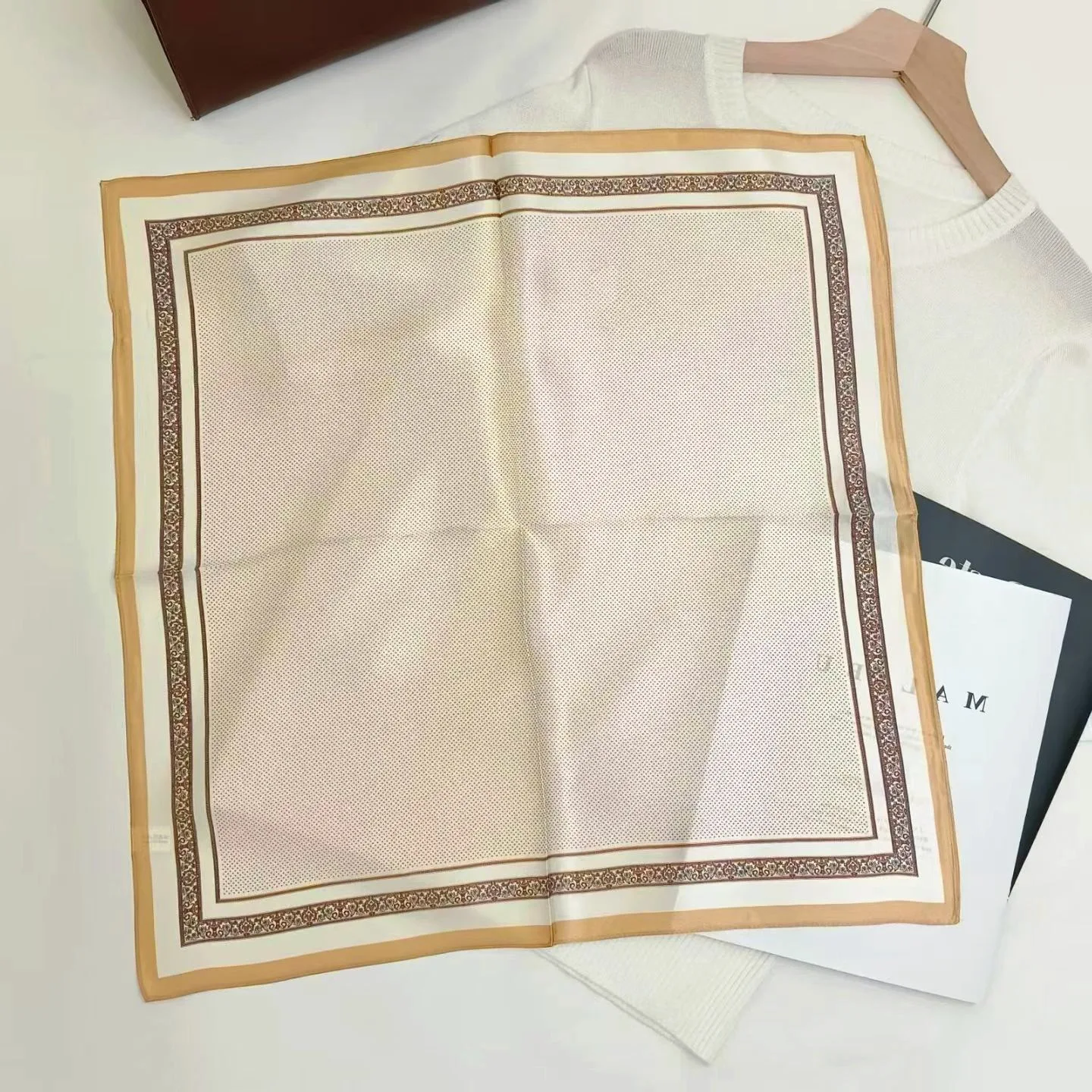 100% Mulberry Silk Scarf 53x53cm Beige Polka Dot Print Square Neck Scarf Bandana for Women Elegant Neckerchief Office Daily