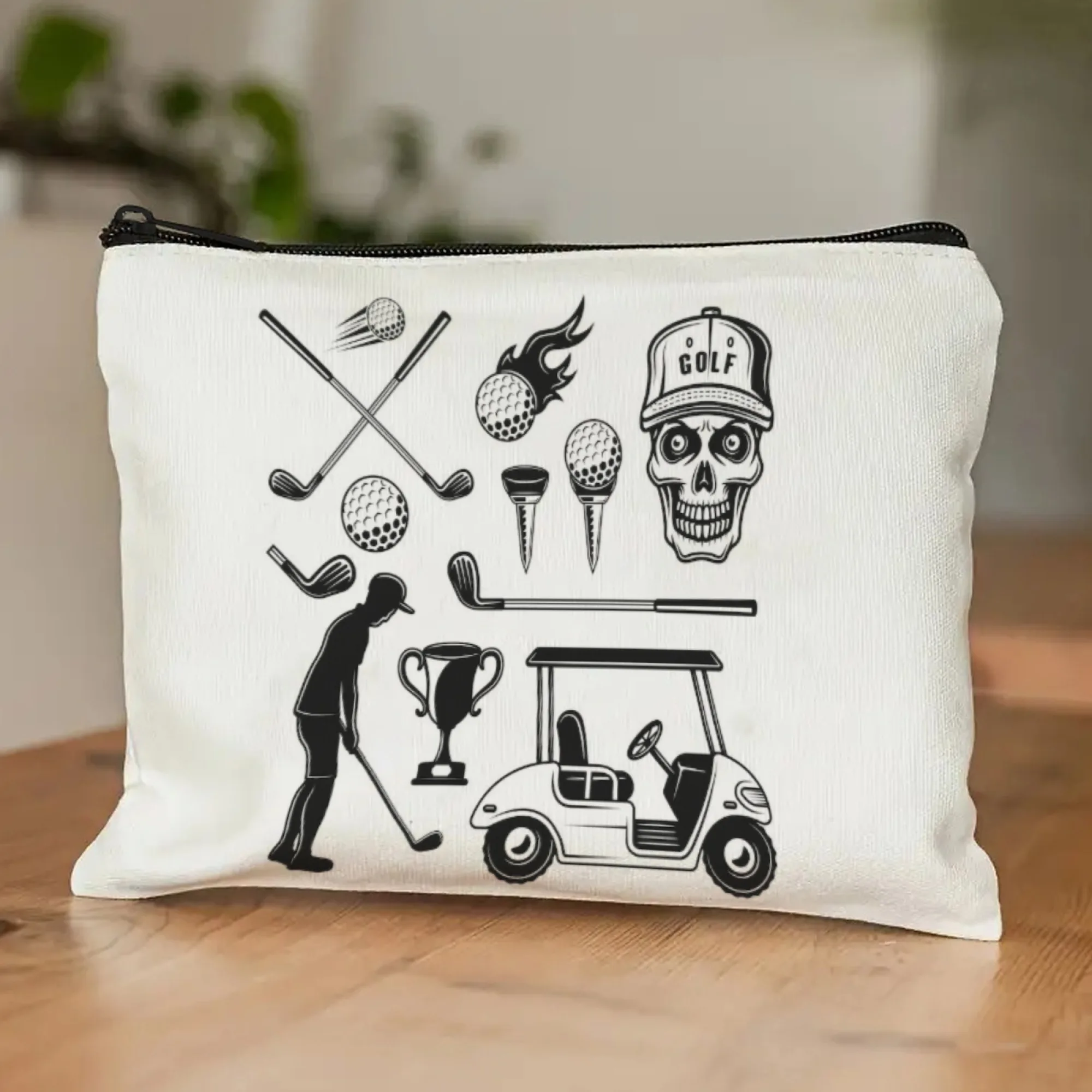Earthy Style Golf Sports Pouch White & Sky Blue with Cartoon Golfers & Mini Trophy Casual Sporty Outdoor Beauty Organizer