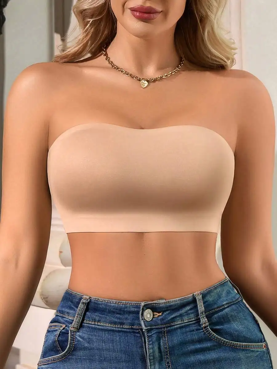 

Women Beige Strapless Bralette Tube Top Casual Comfortable Backless Undergarment
