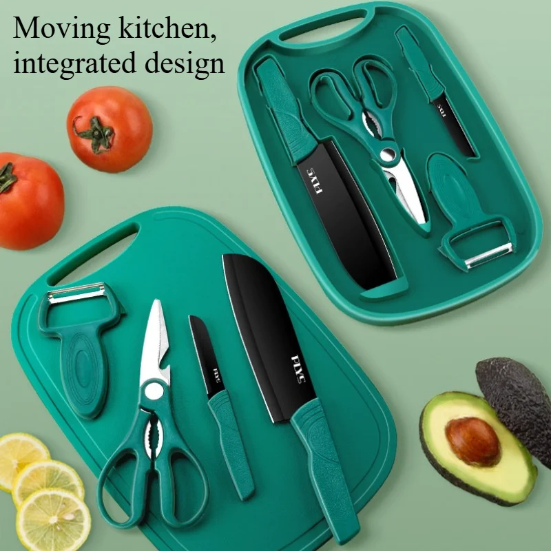 5-in-1 Portable Cutting Board Set with Cleaver, Fruit Knife, Kitchen Scissors & Paring knife - All-in-One Kitchen Cooking Tools