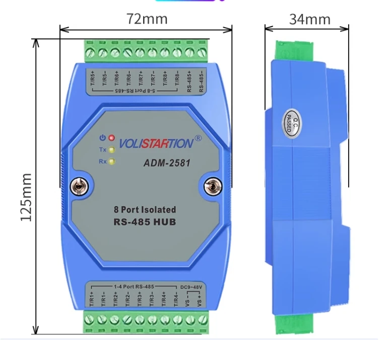 ADM-2581 Isolation 8-port RS485 Hub Repeater 1/8 Shared RS-485 Distributor ADM-2581