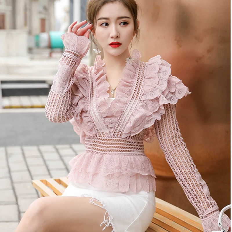 Sweet Hollow Lace Ruffled Shirts Stand Collar Spliced Lace Pleated Blouses 3D Lotus Decor Multi-Layers Long Sleeved OL Tops