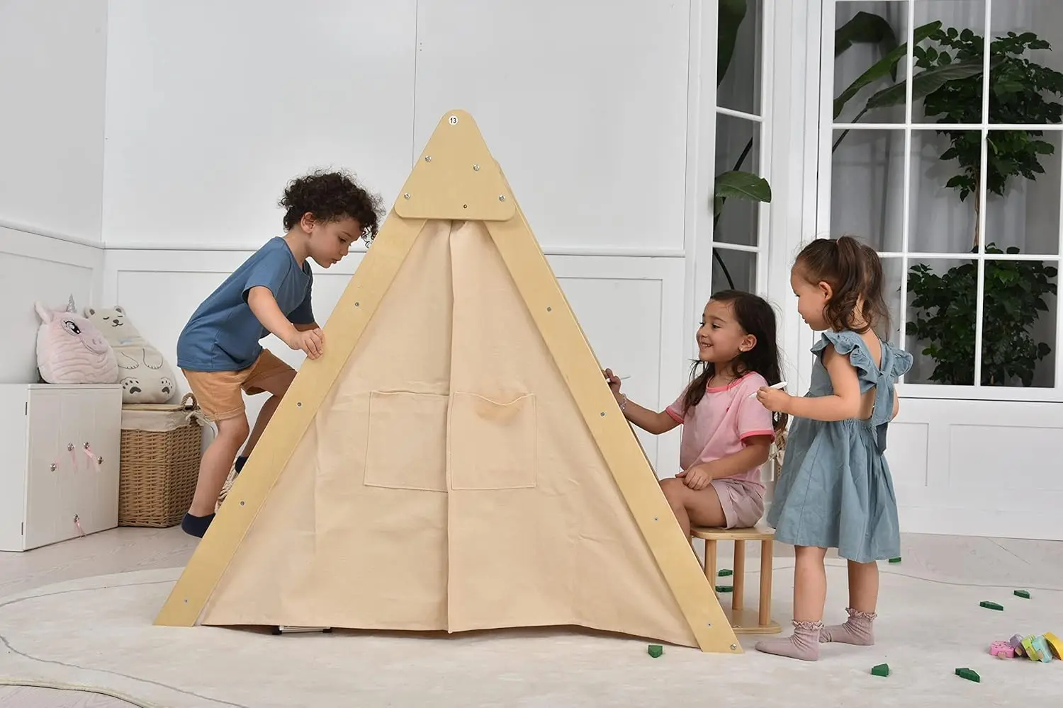 Oak Foldable Triangle Climber 5 in 1 Kids Playhouse Hideaway Montessori Learning Play Tent, Desk, Chair Stool, Art Easel, Chalkb