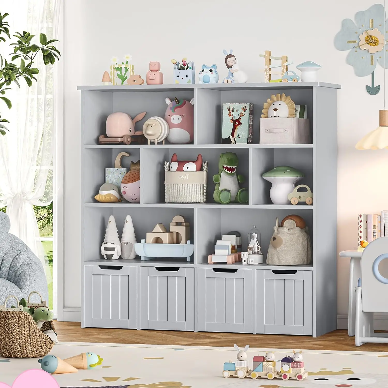 Toy Storage Organizer, 4 Movable Chests, 7 Cubes, Grey