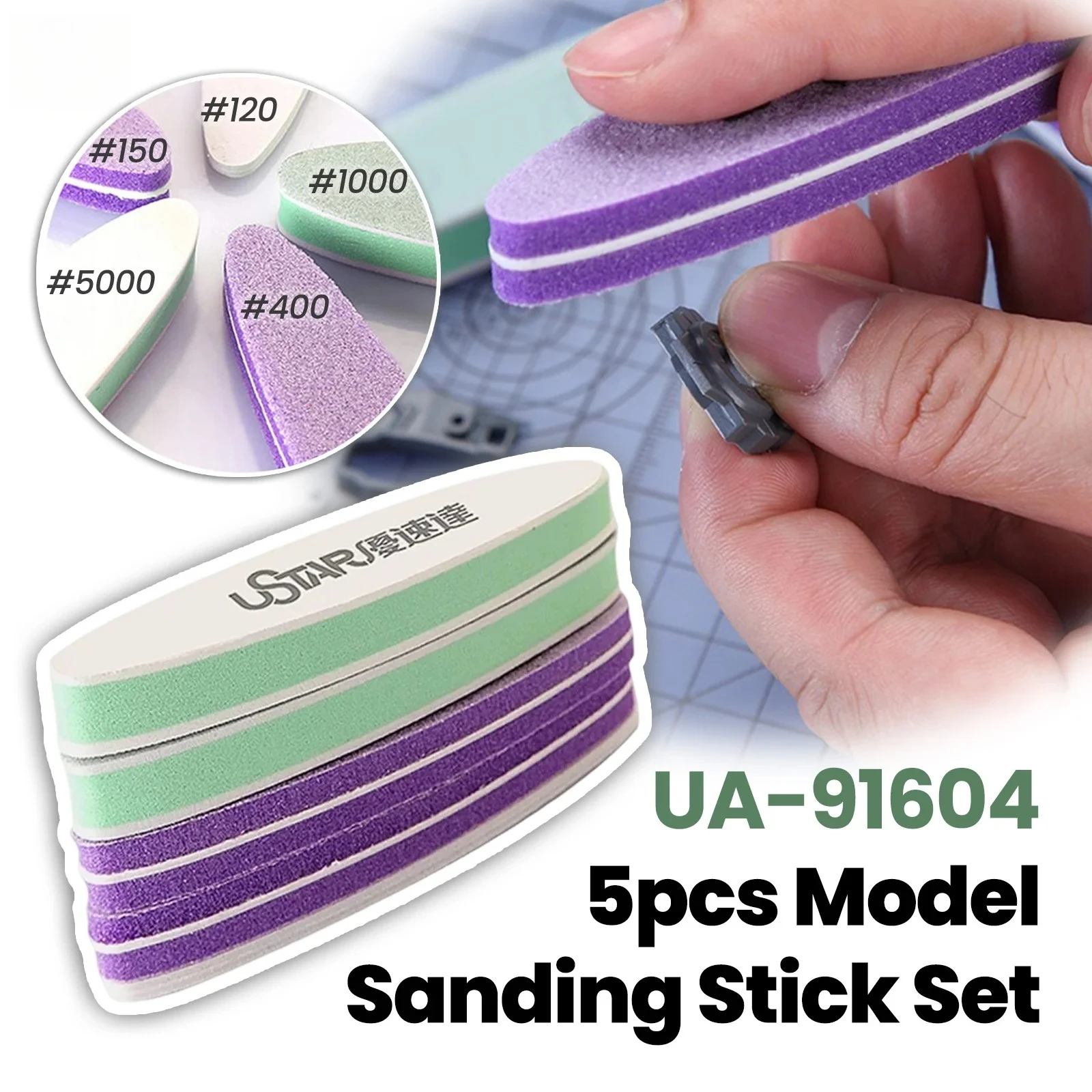 Ustar UA-91604 5Pcs Soft Sanding Sticks 120-5000 Grit Military Model Seam Smoothing Polishing Hobby Tool