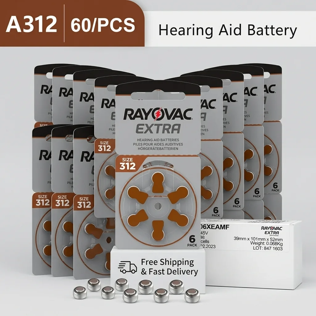 

Rayovac Extra A312 Hearing Aid Batteries 60pcs Zinc Air 312 PR41 ZA312 Performance Long Lasting Battery for Hearing Assistance