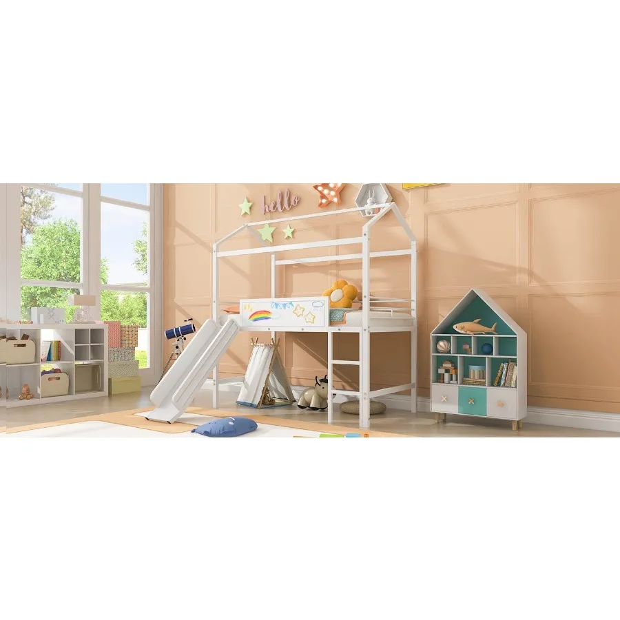 Metal House Bed With Slide Twin Size Metal Loft Bed with Two-sided writable Wooden Board White