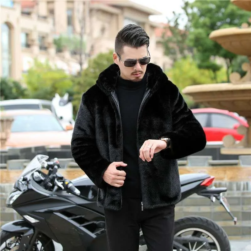 

2023 Winter Wear Thickened Collar Men's Faux Leather Plush Jacket European Station Fur One Piece Collar European and American