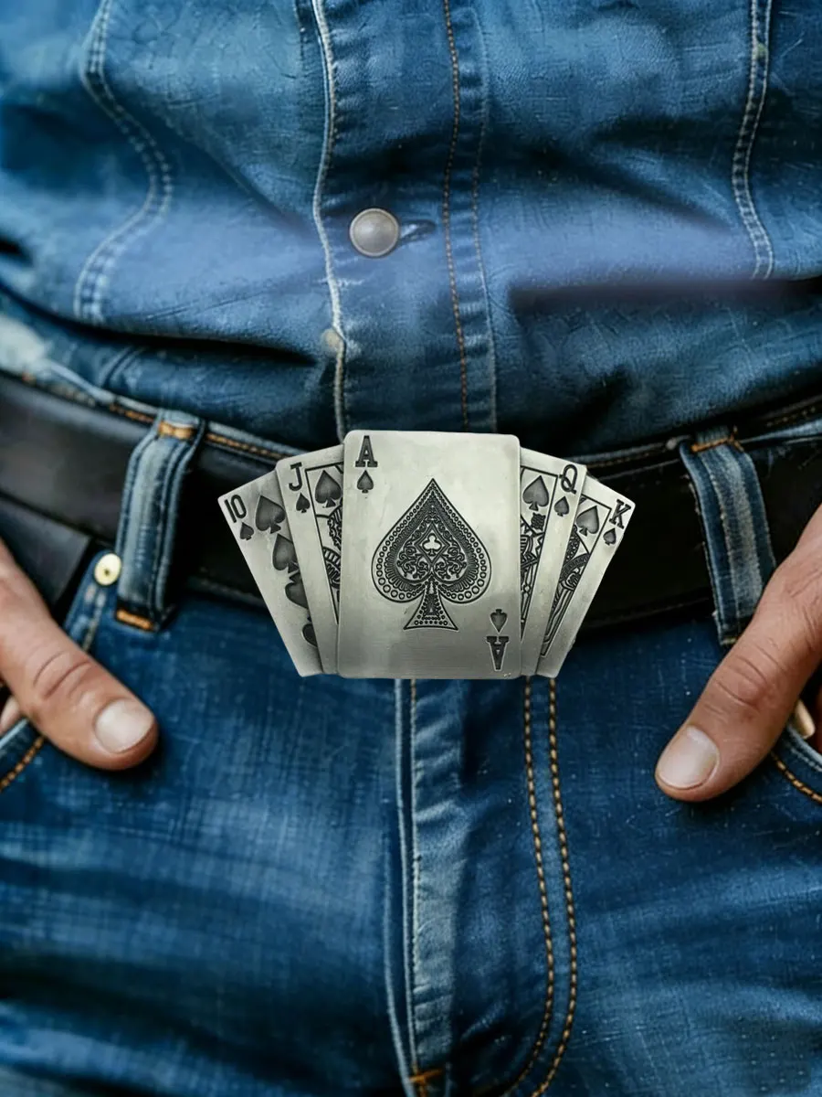 Retro Lucky Playing Cards Straight Flush Design Men's Belt Buckle Good Luck