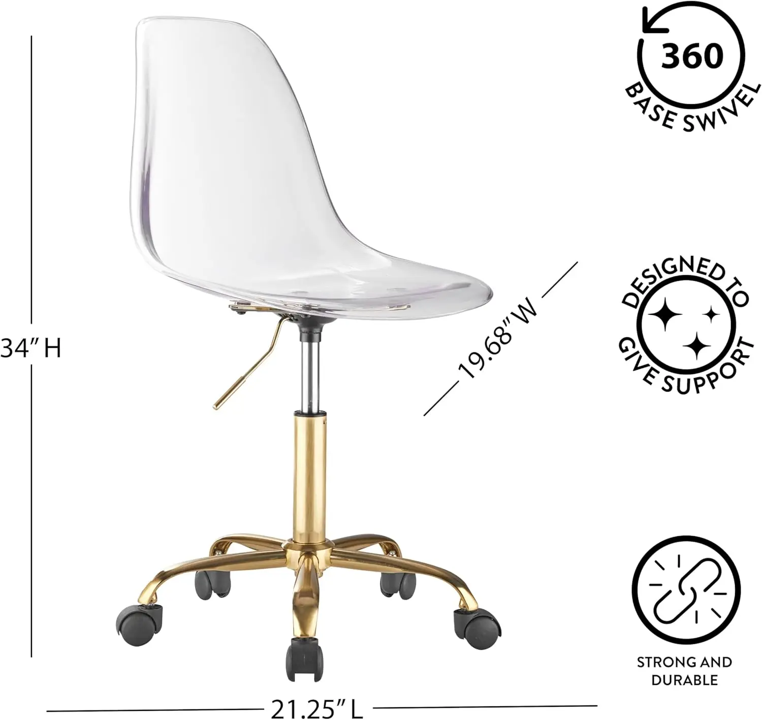 Acrylic Rolling Chair, 21.25D x 19.68W x 34H Inch, Clear with Gold Base