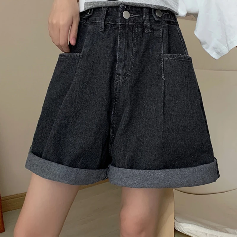 Summer New Women Denim Shorts Loose High Waist Wide Leg Straight Shorts Casual Knee Length Jeans Streetwear Female Clothes