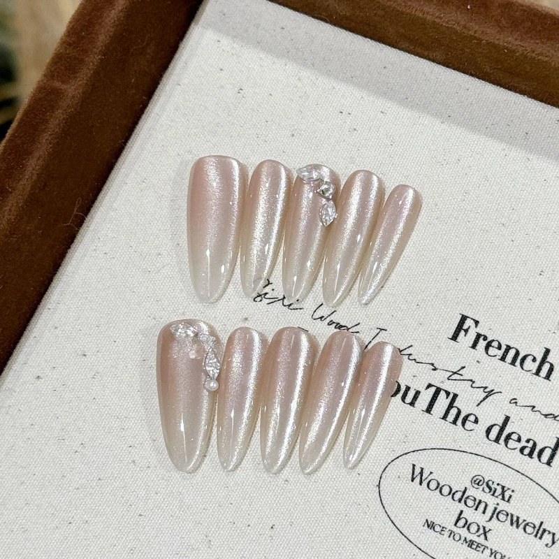 

10 шт. элегантные накладные ногти на шпильке «кошачий глаз» со стразами, искусственные ногти ручной работы, блестящие градиентные овальные накладные ногти