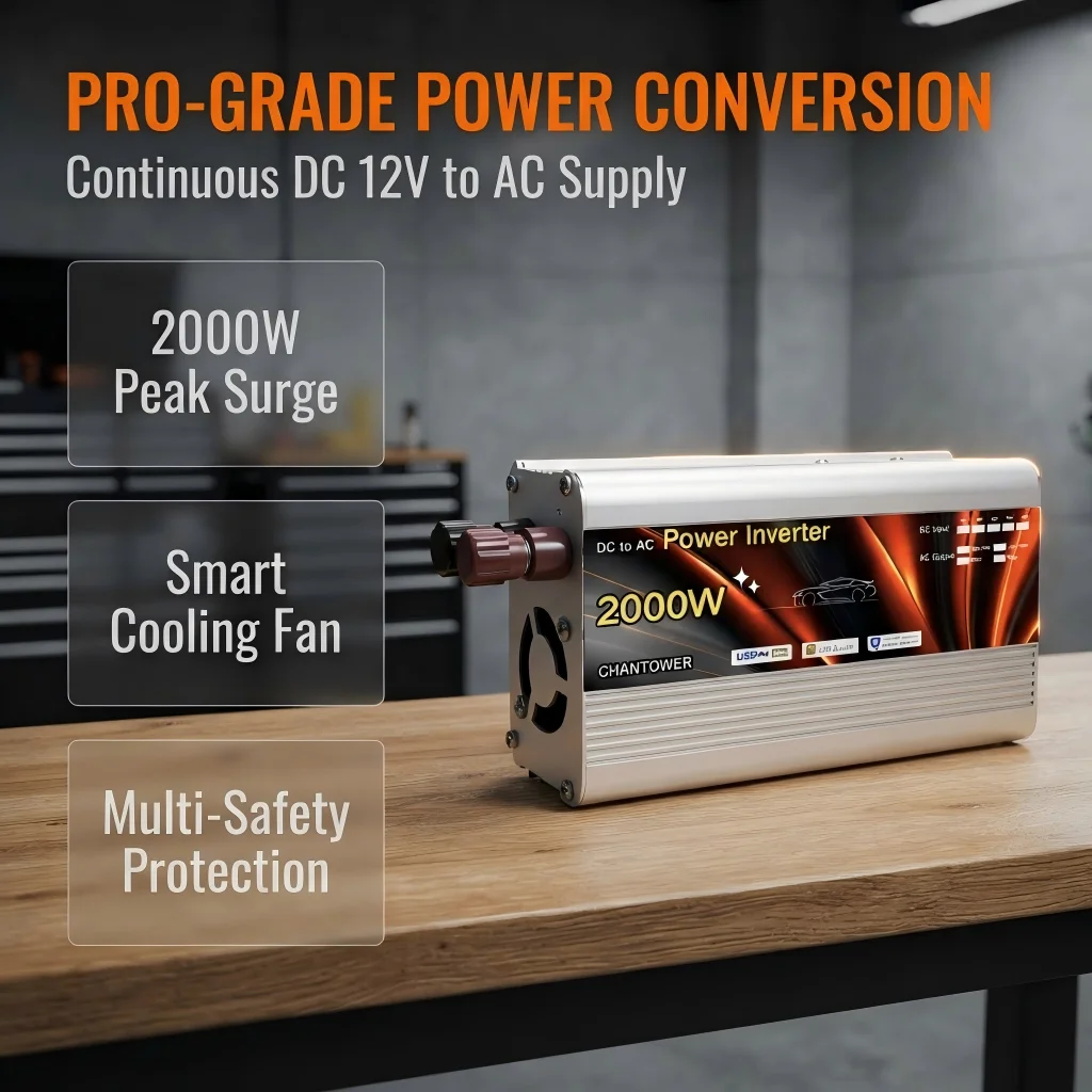 500-2000W Car Power Inverter DC 12V to 110-220V Converter with USB Charger Reverse Protection for Outdoor Camping Home Backup